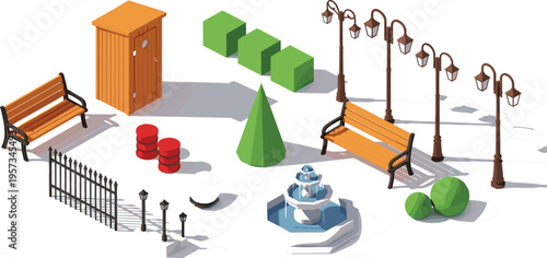 Isometric vector set of park and garden assets including wooden benches fountain street lamps fence topiary bushes and portable restroom for urban planning