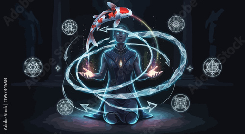 Mystic Woman Performing Ritual With Koi Fish and Sacred Geometry