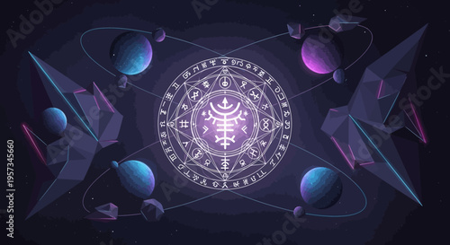 Mystical Cosmic Circle with Planets, Stars, and Geometric Shapes