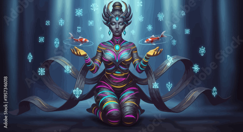 Mystical Woman Meditating with Koi Fish and Symbols