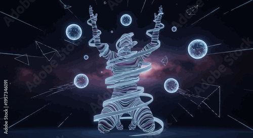 Abstract Figure Wrapped in Light, Cosmic Energy Orbs, Futuristic Sci-Fi