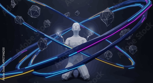 Futuristic Human Figure Controls Cosmic Energy with Glowing Rings and Asteroids