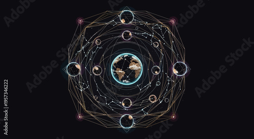 Abstract Cosmic Mandala with Earth and Planets on Dark Background