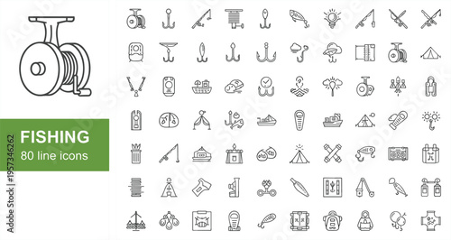 Mega set of eighty fishing line icons including rods reels hooks bait lures boats and camping equipment for outdoor hobby and professional angling designs
