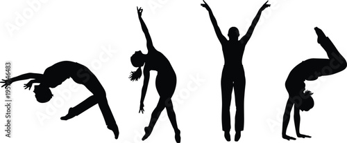 Acrobatic and gymnastics silhouettes showing backflip handstand and jumping poses isolated black vector illustration for fitness sport and performance design use