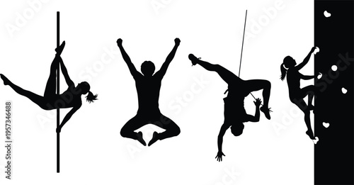 Adventure and extreme sport silhouettes including pole climbing parkour and rock climbing isolated black vector illustration for active lifestyle design use