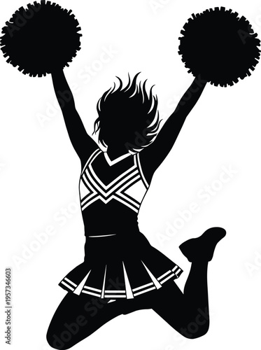 Cheerleader silhouette jumping with pom poms expressing energy and spirit isolated black vector illustration for sport celebration design use