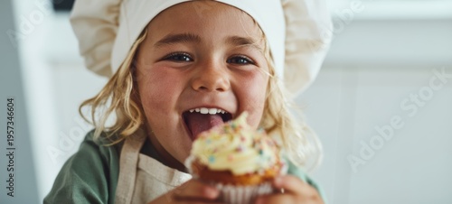 Young Baker with Cupcake, Smiling at Camera