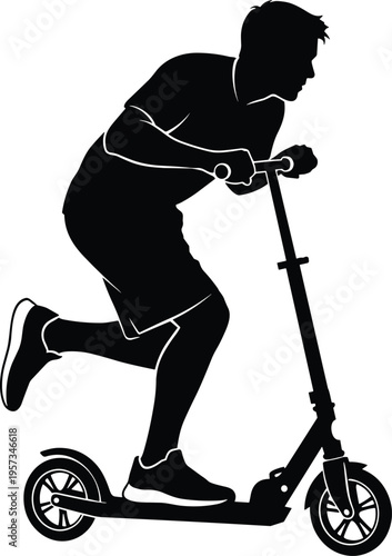 Child riding kick scooter silhouette in motion isolated black vector illustration for urban transport lifestyle and outdoor activity design use