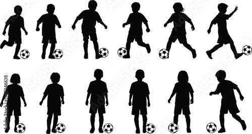 Children soccer silhouettes collection featuring kids playing football, running, and standing poses isolated on white background vector illustration set