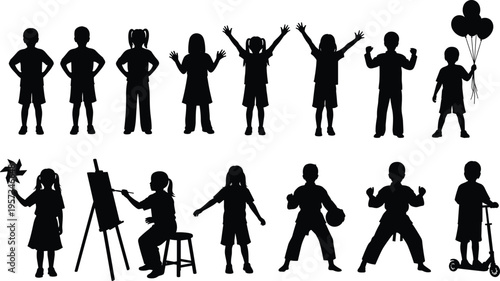Collection of children silhouettes showing playing painting celebrating and daily activities isolated black vector illustration for kids lifestyle and education design