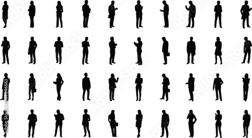 Collection of business people silhouettes, standing poses, corporate professionals, office workers, modern posture variations, vector illustration set for commercial use