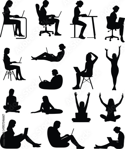 Silhouettes of people working on laptops, sitting and relaxing poses, remote work collection, freelance lifestyle, home office vector set