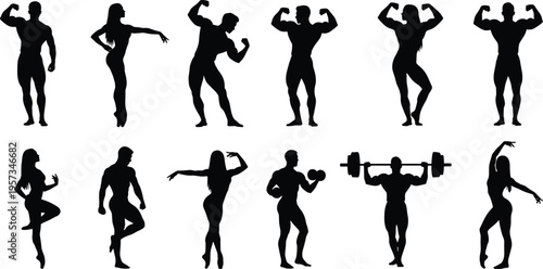 Collection of bodybuilding and fitness silhouettes showing muscular men and women posing lifting weights and exercising in black vector illustration style
