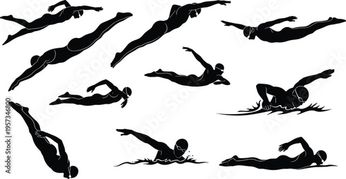 Collection of swimming silhouettes showing different strokes and diving poses isolated black vector illustration for sport fitness and aquatic activity design