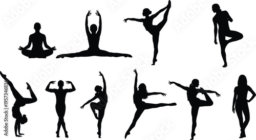 Dance and yoga silhouettes set showing flexibility balance and artistic poses isolated black vector illustration for fitness wellness and performance design