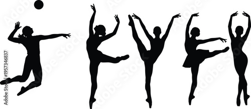Dance and performance silhouettes showing graceful ballet and expressive movement poses isolated black vector illustration for art fitness and stage design