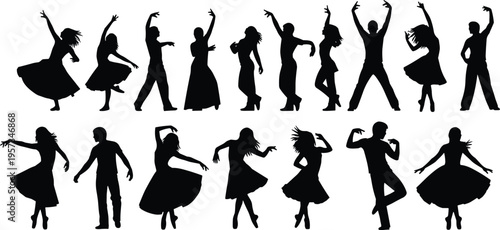 Dance silhouettes set showing men and women in expressive movement poses isolated black vector illustration for performance art and lifestyle design