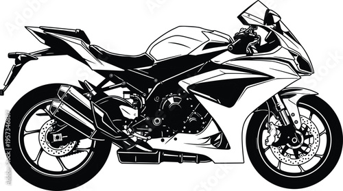 Detailed sport motorcycle vector illustration in black and white showing modern racing bike side view isolated for transport design use