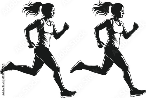 Female runner silhouettes in motion showing jogging and sprinting action isolated black vector illustration for fitness sport design use