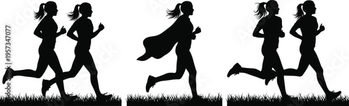 Female runners silhouettes jogging outdoors on grass showing active lifestyle isolated black vector illustration for fitness sport and health design use