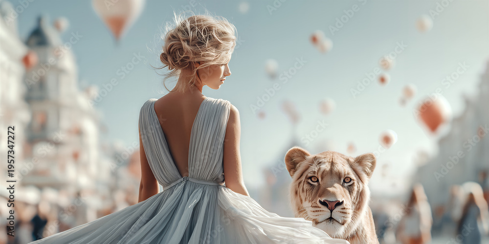 Naklejka premium Elegant woman with lioness and balloons. Creative setting showcasing stylish woman and lioness