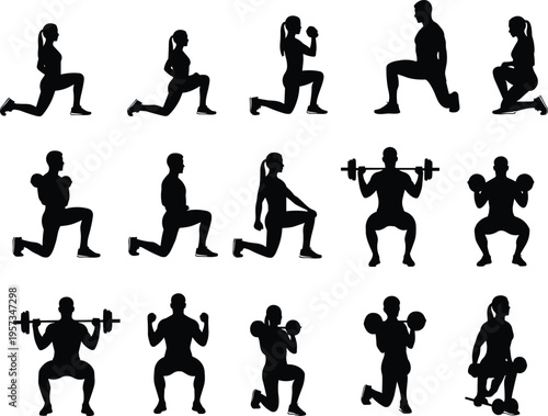 Fitness exercise silhouettes set showing lunges squats and weight training poses isolated black vector illustration for gym workout design use