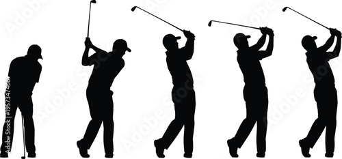 Golfer swing sequence silhouettes showing different stages of golf shot isolated black vector illustration for sport training and game design use
