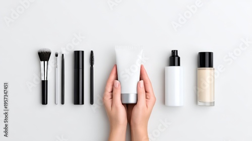 Hands holding a white cosmetic tube surrounded by various makeup brushes and skincare products on a light gray background, showcasing a beauty and skincare arrangement for personal care routines