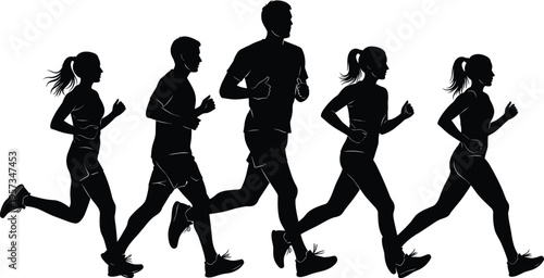 Group of runners silhouettes showing men and women jogging together isolated black vector illustration for fitness sport and active lifestyle design