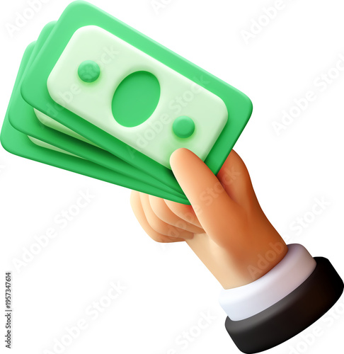3D Human hand holding bunch of paper money