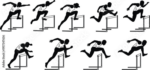 Hurdle race athlete silhouettes showing jumping and running over barriers isolated black vector illustration for track and field sport design