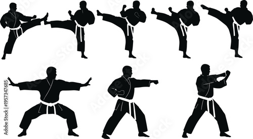 Karate martial arts silhouettes showing high kicks and fighting stances isolated black vector illustration for sport training and self defense design