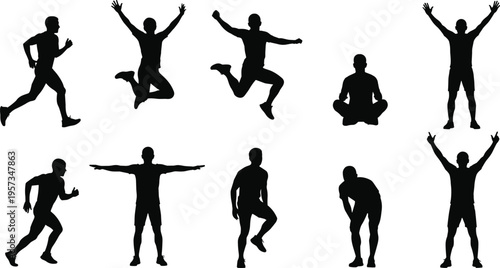 People silhouettes showing running jumping stretching and resting poses isolated black vector illustration for fitness activity lifestyle and sport design use