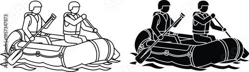 Rafting team paddling inflatable boat on river in outline and silhouette styles isolated vector illustration for adventure sport design use