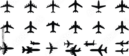 Silhouettes of various airplane icons, aircraft shapes from top view, aviation illustration showing different plane models for travel, transportation and flight design