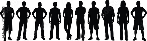 Set of diverse human silhouettes standing in different poses isolated on white background minimal black vector illustration for people design
