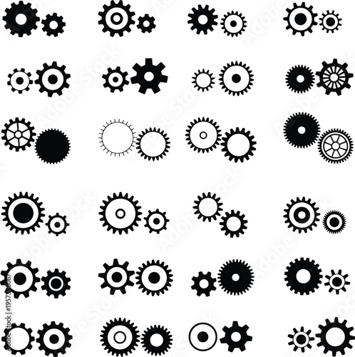 Set of various gear icons, mechanical cogwheel designs, engineering and machinery symbols illustrating system components, technology mechanism elements for industrial use