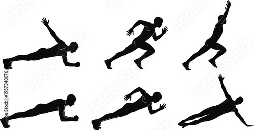 Set of fitness exercise silhouettes showing plank running and dynamic workout poses isolated black vector illustration for training sport design use