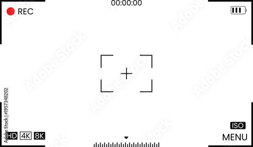 Transparent camera viewfinder overlay with recording indicators timecode focusing marks and technical photography settings for overlaying on images and videos in post production editing work