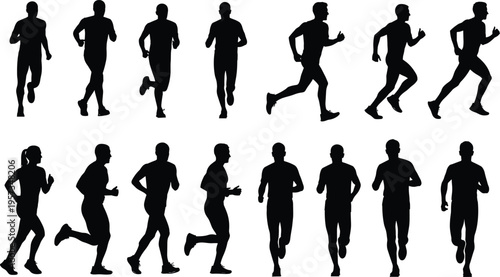 Set of running people silhouettes showing men and women jogging in various poses isolated black vector illustration for fitness sport design