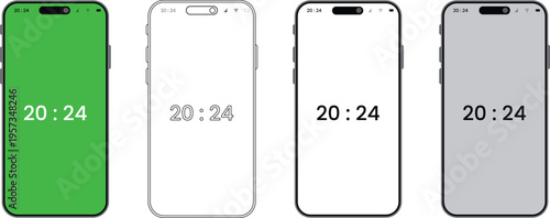 Smart phone mockups set with digital clock showing 20:24 on dynamic island device transparent and solid green and gray background for technology design