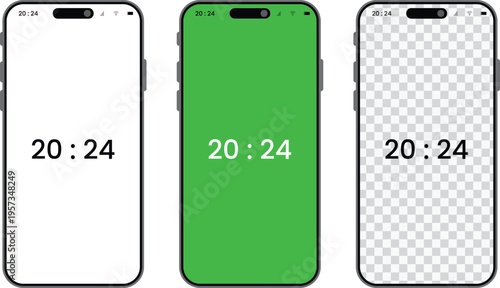 Smart phone mockups set with digital clock showing 20:24 on dynamic island device transparent white and solid green background for technology design