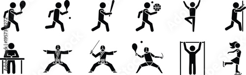 Set of sports and activity icons including tennis baseball basketball gymnastics and training figures isolated black vector illustration for design use
