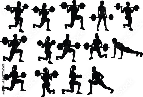 Set of weightlifting and fitness silhouettes showing lunges squats and barbell exercises isolated black vector illustration for gym training design use