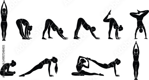 Set of yoga poses silhouettes showing flexibility balance and stretching exercises isolated black vector illustration for fitness wellness and training design