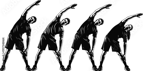 Silhouettes of athlete performing side stretching exercise sequence, showing flexibility, fitness, warm‑up, posture, and healthy lifestyle concepts.