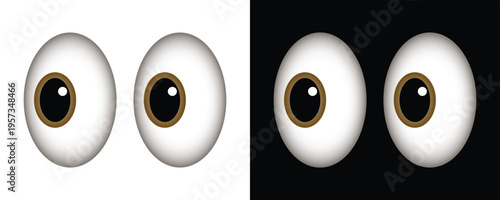 Two pairs of cartoon eyeballs looking in different directions white and black background realistic eye illustration with brown iris and pupil