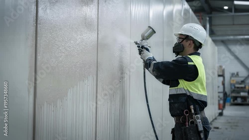 Medium shot of a technician applying an intumescent fireretardant coating to industrial panels showcasing flameresistant surface preparation and safety enhancement in