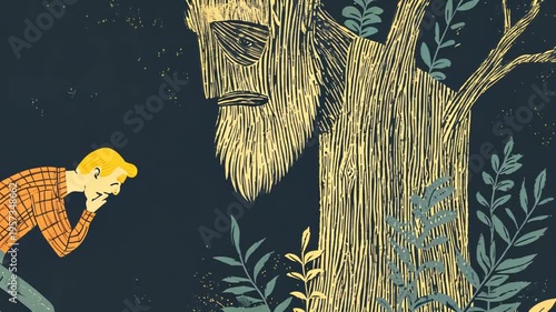 Whimsical Art Illustration of a Tree Spirit Interaction: Cartoon Style With Yellow-Haired Character in Mystical Forest Narrative